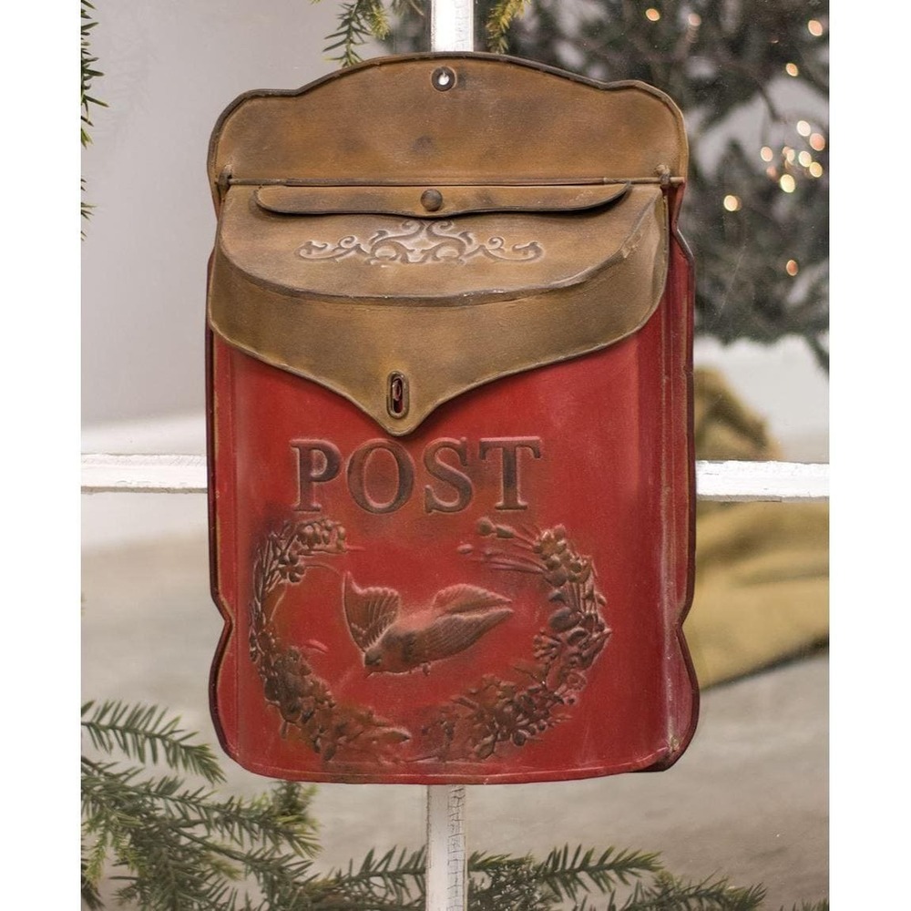 Distressed Metal Garden Post Box Rusty Red Bird Farmhouse Cottage Mailbox